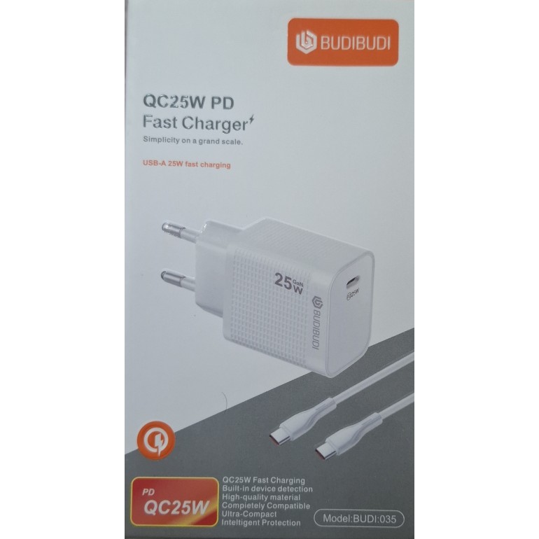 Φορτιστής TYPE C 25W QC Fast Charger Με Καλώδιο Type C σε Type C Budi-035 Λευκό