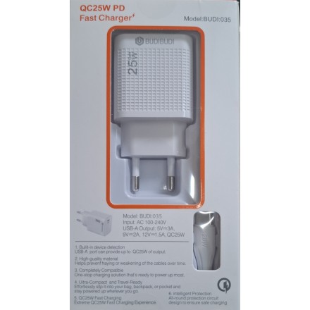 Φορτιστής TYPE C 25W QC Fast Charger Με Καλώδιο Type C σε Type C Budi-035 Λευκό