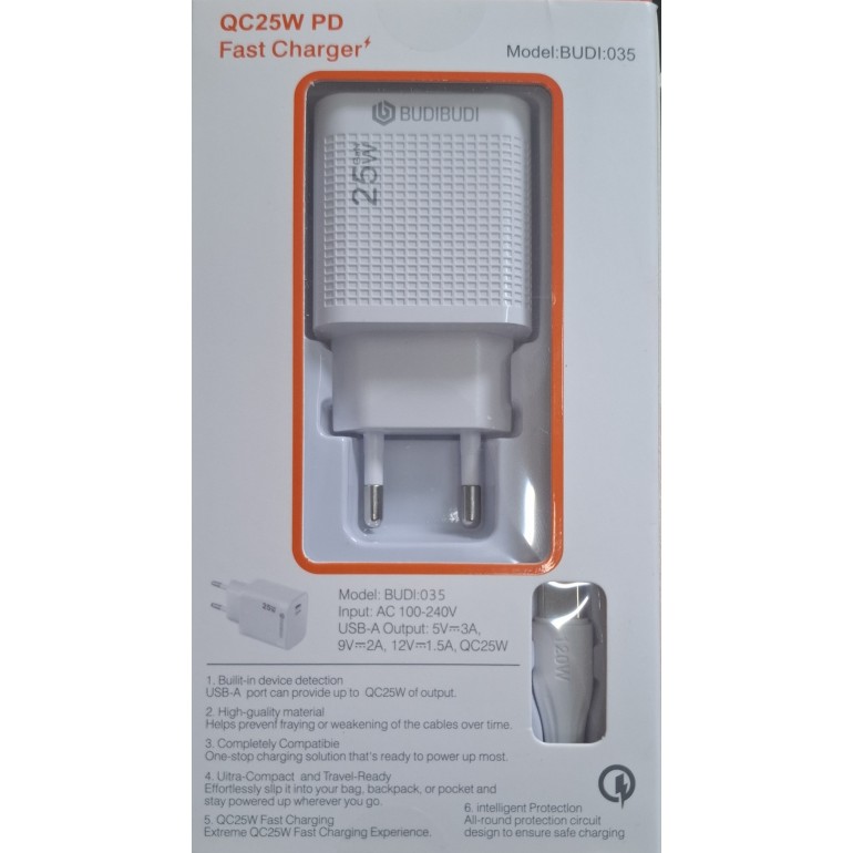 Φορτιστής TYPE C 25W QC Fast Charger Με Καλώδιο Type C σε Type C Budi-035 Λευκό