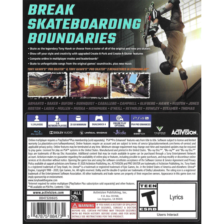 Tony Hawk's Pro Skater 1 + 2 Remastered PS4 GAMES