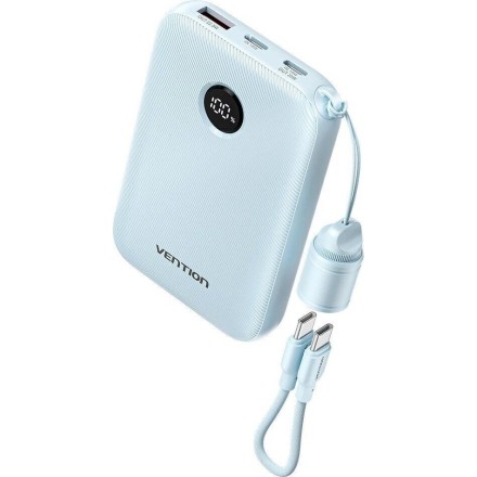 VENTION 10000mAh Power Bank (USB-C + USB-C/USB-C/USB-A) with Built-in USB-C to USB-C Cable 22.5W Blue LED Display Type Γαλάζιο