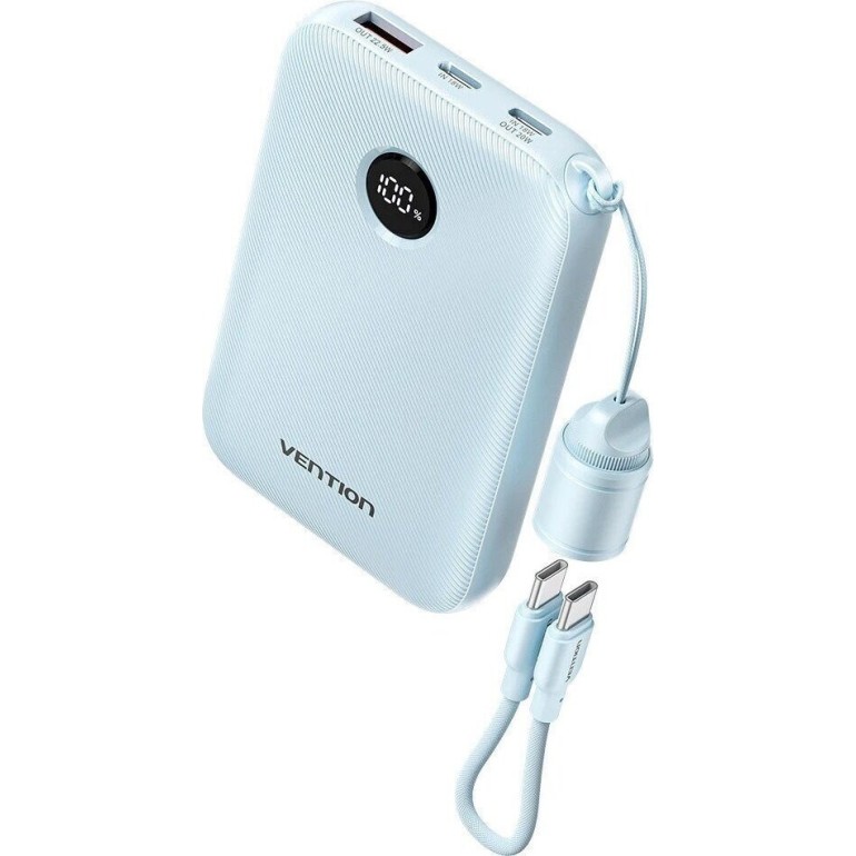 VENTION 10000mAh Power Bank (USB-C + USB-C/USB-C/USB-A) with Built-in USB-C to USB-C Cable 22.5W Blue LED Display Type Γαλάζιο