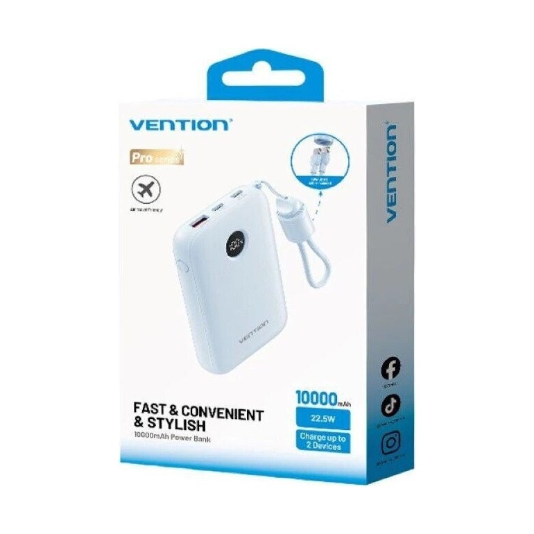 VENTION 10000mAh Power Bank (USB-C + USB-C/USB-C/USB-A) with Built-in USB-C to USB-C Cable 22.5W Blue LED Display Type Γαλάζιο