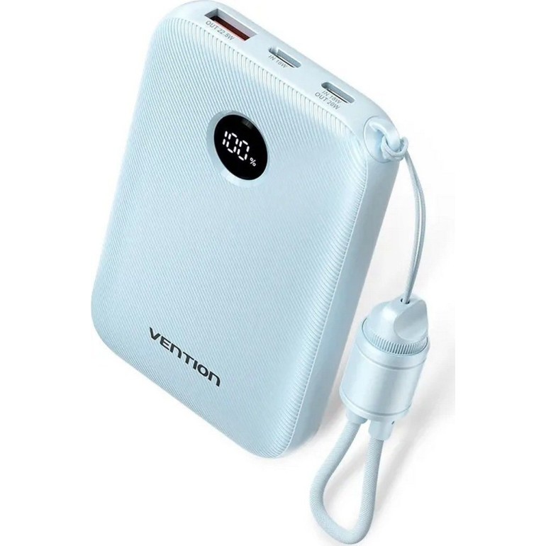 VENTION 10000mAh Power Bank (USB-C + USB-C/USB-C/USB-A) with Built-in USB-C to USB-C Cable 22.5W Blue LED Display Type Γαλάζιο