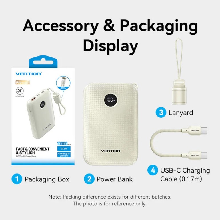 VENTION 10000mAh Power Bank (USB-C + USB-C/USB-C/USB-A) with Built-in USB-C to USB-C Cable 22.5W Blue LED Display Type Γαλάζιο