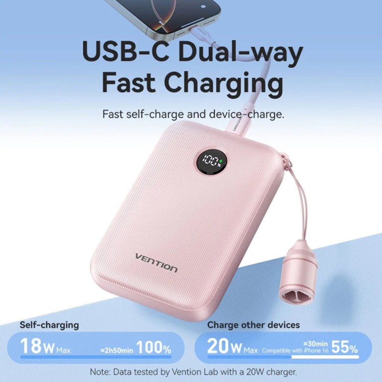 VENTION 10000mAh Power Bank (USB-C + USB-C/USB-C/USB-A) with Built-in USB-C to USB-C Cable 22.5W Blue LED Display Type Γαλάζιο