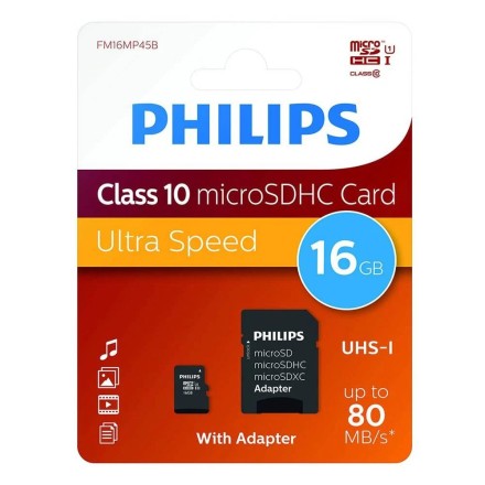 Philips microSDHC 16GB Class 10 U1 V10 A1 UHS-I με αντάπτορα (FM16MP45B/00)