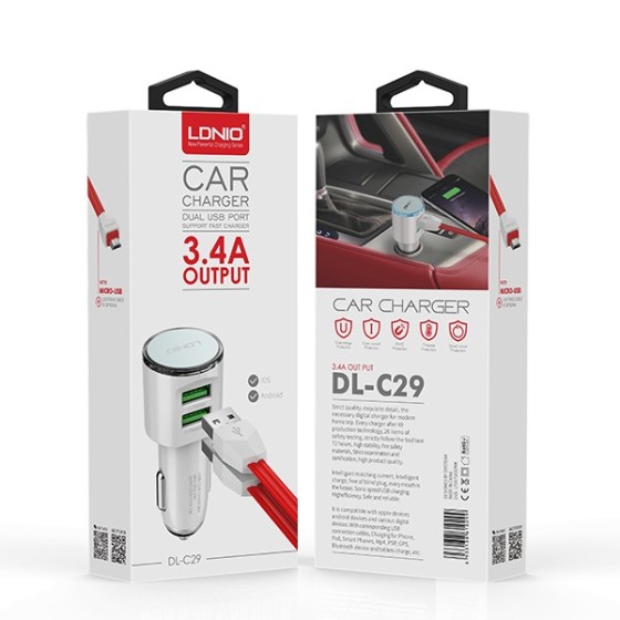 Φορτιστής USB αυτοκινήτου αναπτήρα 3.4Ah με 2 θύρες usb DL-C29 LDNIO