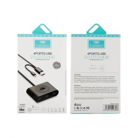 USB hub Earldom HUB03, USB 2.0, 4 θύρες, OTG,Μαυρο