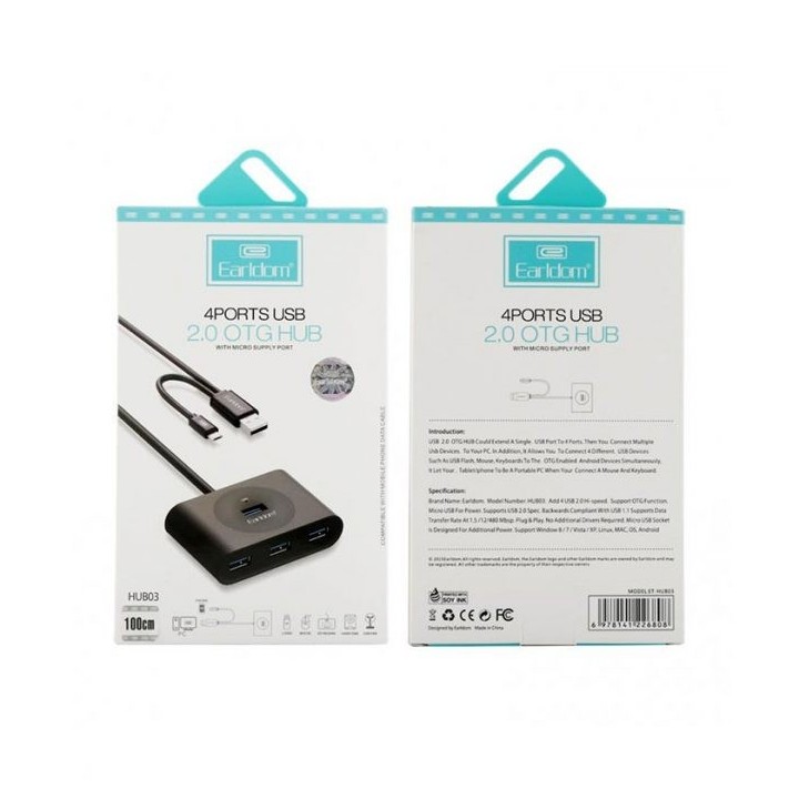 USB hub Earldom HUB03, USB 2.0, 4 θύρες, OTG,Μαυρο