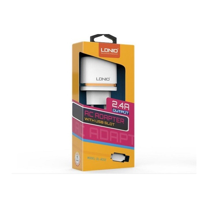 Φορτιστή, LDNIO DL-AC52, 5V 2.4α, Παγκόσμιος 2xUSB, με καλώδιο Micro USB, Λευκό